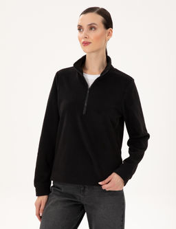 Siyah Comfort Fit Fermuarl_ Polar Sweatshirt