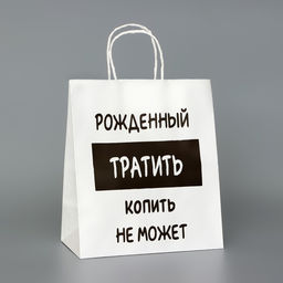 Пакет подарочный с приколами,«Рожденный тратить копить не может», белый, 24×14×28 см