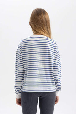 Полосатая футболка с длинными рукавами из чесаного хлопка с круглым вырезом для девочек - Defacto фото 5