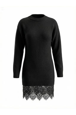 Siyah Yumusak Dokulu Bisiklet Yaka Dantel Garnili Triko Elbise TWOAW26KZ00298 - Trendyolmilla фото 2