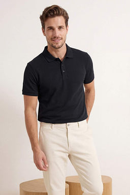 Siyah Regular/Normal Kesim Dokulu Polo Yaka T-Shirt TMNSS24PO00043 TMNSS24PO00043