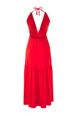 K?rm?z? Dokuma Aksesuar Detayl? Maxi Plaj Elbise TBESS25EL00081