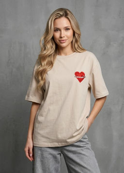 K13678 Футболка с вышивкой OVER SIZE (хлопок) БЕЖЕВЫЙ