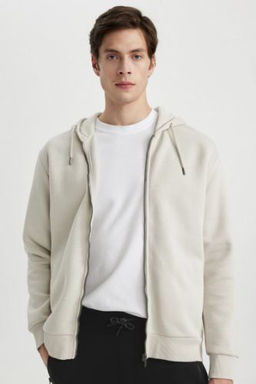 New Regular Fit Kapusonlu Basic Duz Fermuarl? Sweatshirt