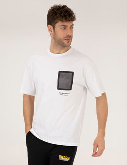 Beyaz Comfort Fit Bask_l_ Bisiklet Yaka Ti__rt