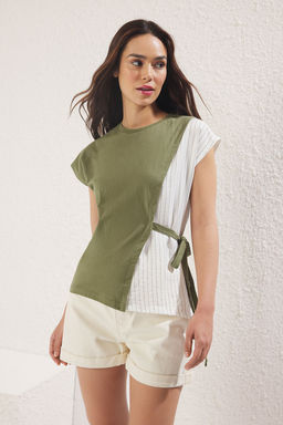 Haki Dokuma Garni ve Baglama Detayl? Relaxed/Rahat Kal?p Orme Bluz TWOSS25BZ00094