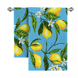 Полотенце вафельное 48х62см "Лимоны, голубой", хлопок 100%, 152гр/м2, "Домашняя мода" (Россия)