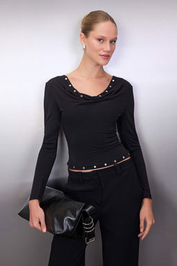 Siyah Fitted/Vucuda Oturan Trok Detayl? Uzun Kollu Esnek Orme Bluz TWOAW26BZ00267