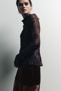 SEMI-SHEER SHIRT WITH FLORAL EMBROIDERY - Zara фото 7