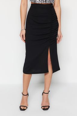 TRENDYOLMILLA Siyah Yuksek Bel Drape ve Y?rtmac Detayl? Krep Kumas Midi Orme Etek TWOSS23ET00316  фото 3
