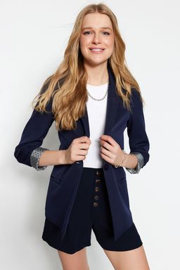 Lacivert Regular Gri Geometrik Desenli Astarl? Tek Dugmeli Cepli Dokuma Blazer Ceket TWOAW20CE0316