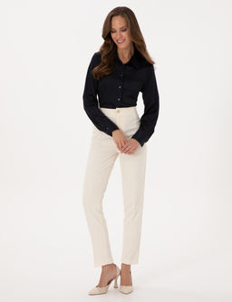 Lacivert Comfort Fit Uzun Kollu Saten G_mlek