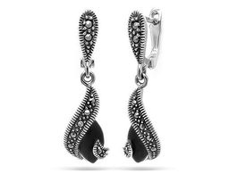 Серьги из серебра марказит, оникс, SL-AGA32