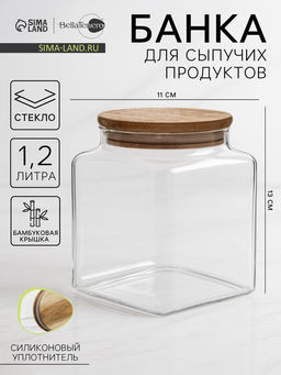 Банка для сыпучих продуктов BellaTenero «Эко», 1.2 л, 11×13 см, с бамбуковой крышкой, стекло, прозрачная
