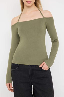 Haki Carmen Yaka Baglama Detayl? Fitted/Vucuda Oturan Orme Bluz TWOAW26BZ00097