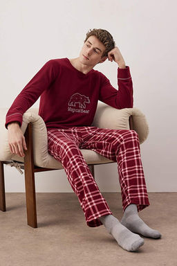Bordo Polar Ekose/Kareli Ay_ Desenli _rme Pijama Tak_m_ TEDAW25PT00035