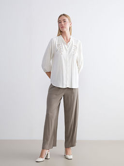 F?rf?rl? Ka??k Yaka Nak??l? Keten Kar???ml? Bluz