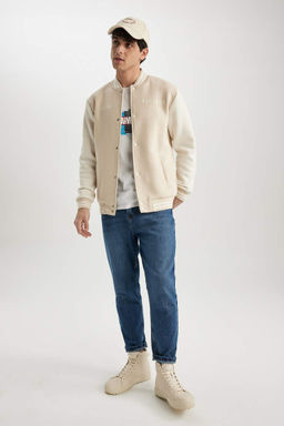 Мягкий пушистый кардиган обычного кроя с воротником-бомбером и принтом на спине - Defacto фото 2