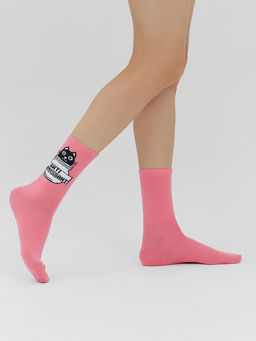 Цена за 5 пар! Носки женские лиловые с рисунком в виде котика и надписью Антидепресант