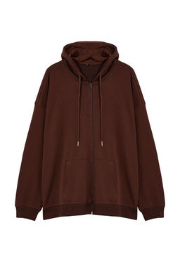 Kahverengi Buyuk Beden Oversize Basic Kapusonlu Fermuarl? Ici Polar Pamuk Sweatshirt TMNAW24AO00003
