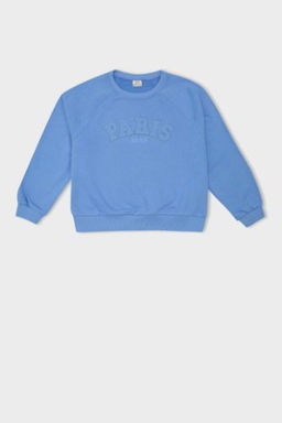 K?z Cocuk Pembe Oversize Genis Kal?p Bisiklet Yaka Bask?l? Sweatshirt