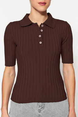 Kahverengi Basic Polo Yaka T-Shirt Gorunumlu Triko Ince Bluz TWOSS20BZ0112