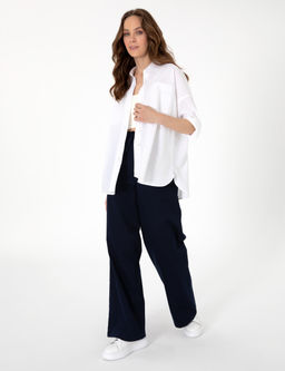 Beyaz Oversize Keten Kar___ml_ Uzun Kollu G_mlek