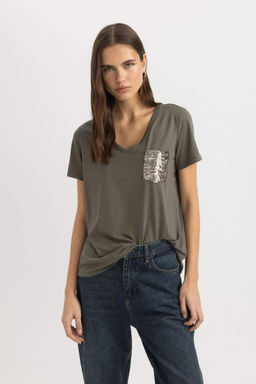 Футболка стандартного кроя с V-образным вырезом и короткими рукавами - Defacto фото 3