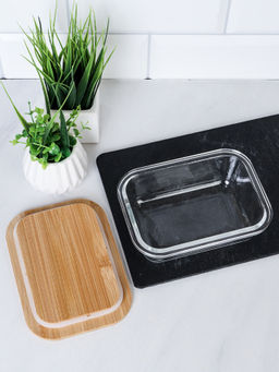 Контейнер прямоугольный крышка бамбук 370 мл стекло / P370 /уп 48/