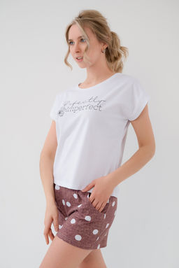 Пижама женская из футболки и шорт из кулирки Алиса горох бордо