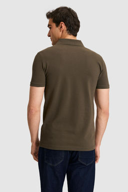 Erkek Slim Fit Polo Yaka Koyu Haki Basic Ti__rt