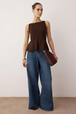 Kahverengi Peplum/Belden Oturmal? Kay?k Yaka Esnek Orme Bluz TWOAW26BZ00229