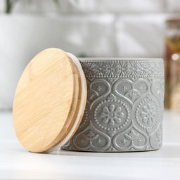 Банка для сыпучих «Кружева. Сердца», 400 мл, 10×9.5 см, с бамбуковой крышкой, керамика, серая