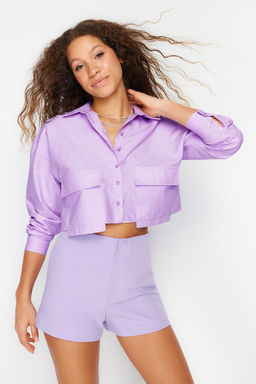 TRENDYOLMILLA Mavi Crop Cep Detayl? Regular Normal Kal?p Dokuma Gomlek TWOSS24GO00098