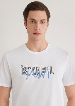 ?stanbul Bask?l? Beyaz Ti??rt - Mavi фото 2