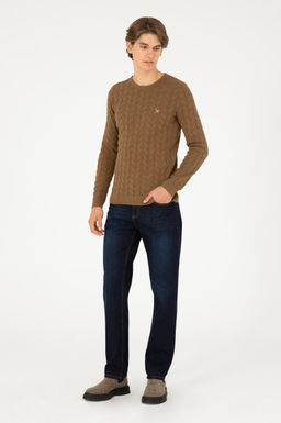 Erkek Slim Fit Bisiklet Yaka Haki Melanj Basic Kazak