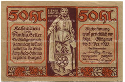 Банкнота 50 геллеров 1920 года Австрия  Раттенберг (нотгельд)