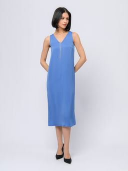 Платье синего цвета длини миди с V-образным вырезом и без рукавов - 1001dress фото 2