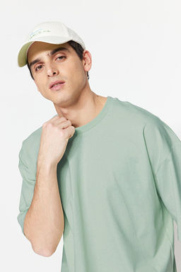 Koyu Mint Oversize/Geni_ Kesim %100 Pamuk K_sa Kollu Basic T-Shirt TMNSS22TS0318