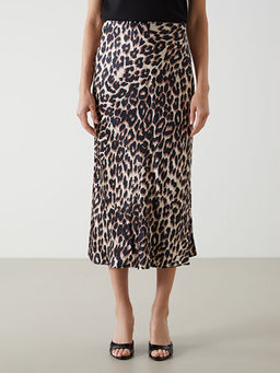 Dar Fit Leopar Desenli Saten Kad?n Etek