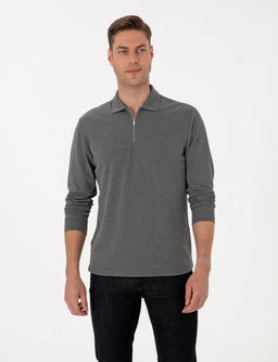 Antrasit Melanj Slim Fit K_vr_lmaz Fermuarl_ Polo Yaka Basic Pike Sweatshirt