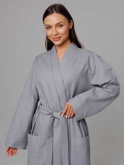 Женский вафельный халат с планкой серый В-02 (20)