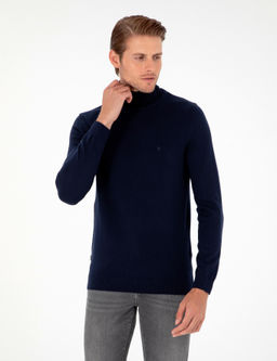 Lacivert Slim Fit Bal_k__ Yaka Basic Triko Kazak
