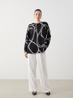 Bisiklet Yaka Desenli Oversize Kad?n Sweatshirt