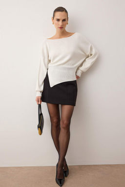 Ekru Merserize Gorunumlu Kay?k Yaka Y?rtmac Detayl? Triko Kazak TWOAW26KZ00086