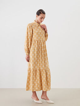 G?mlek Yaka Desenli Balon Kollu Katkat Elbise