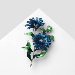 Брошь «Цветы Календулы», синяя, зелёный в серебре