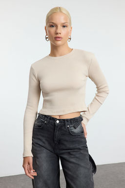 Trendyolmilla Siyah-Haki 2li Paket Fitted/Vucuda Oturan Bisiklet Yaka Crop Fitilli Esnek Orme Bluz TWOAW22BZ0331  фото 9