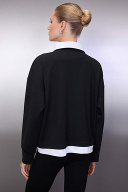 Siyah Dokuma Garnili Polo Yaka Oversize/Genis Kal?p Orme Sweatshirt TWOAW26SW00122 - Trendyolmilla фото 4