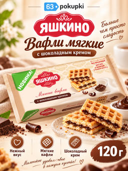 Яшкино, вафли мягкие с шоколадным кремом, 120 г